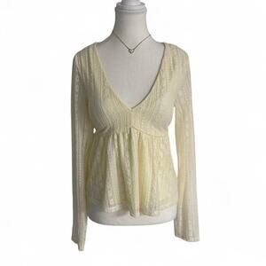 Ruby & Jewel Cream Lavender Long Sleeve V Neck Ruffle Hem Baby Doll Top Size XS